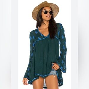 Free People Diamond Embroidered Bell Sleeve Blue teal Tunic oversized Top Small